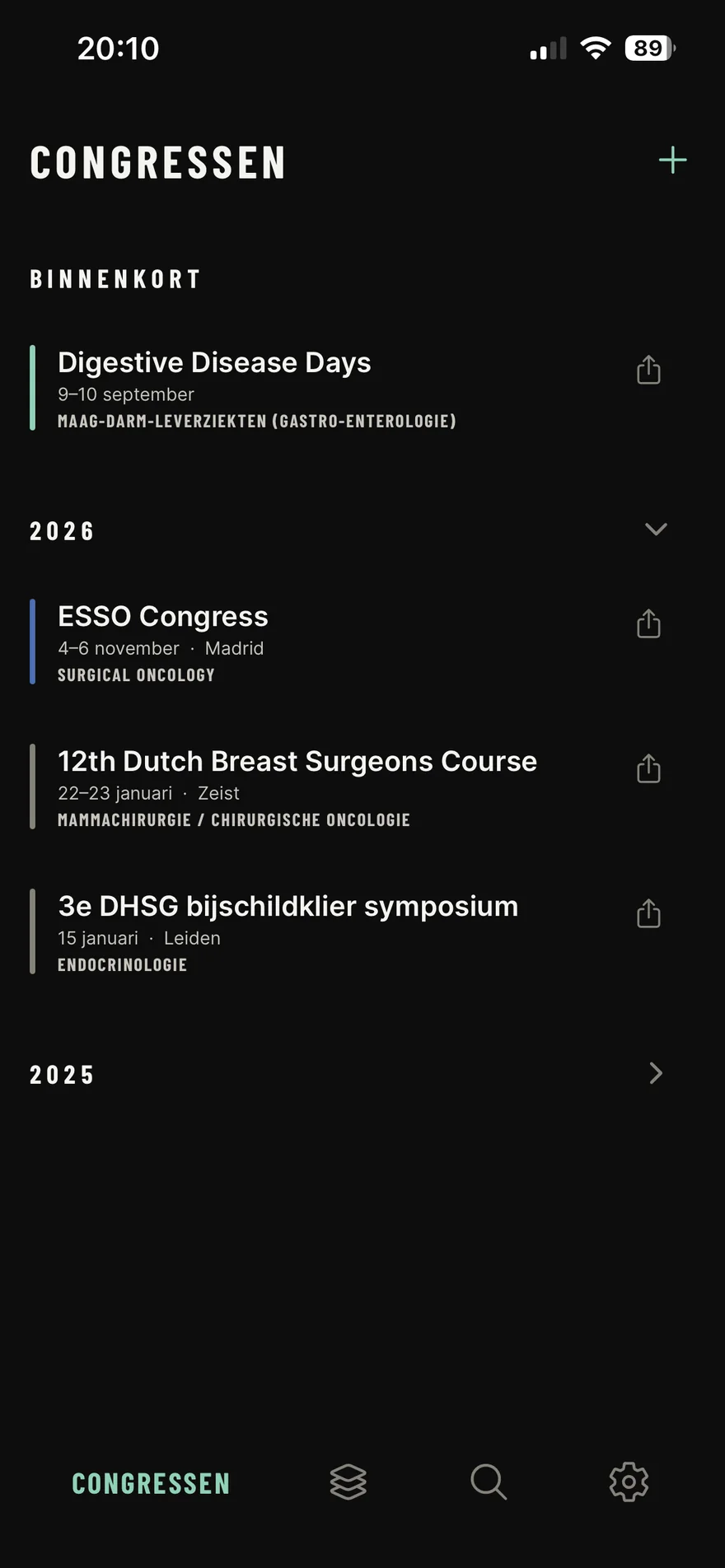 Congressenoverzicht in MedConf (zaalmodus)